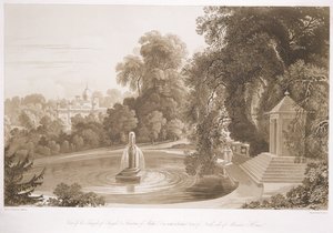 Vue du Temple de Suryah et de la Fontaine de Mahah Doo avec une vue lointaine du côté nord de la Maison de la Mansion, Sezincote, gravé par Frederick Christian Lewis Snr. (1779-1856), c.1817-18